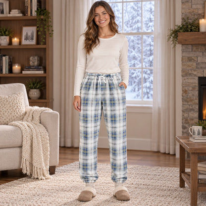 Women's and Men's Plaid Cuffed Pajama Pants — Violet, Light Gray complete front view, worn by an adult model, Usa — view 5