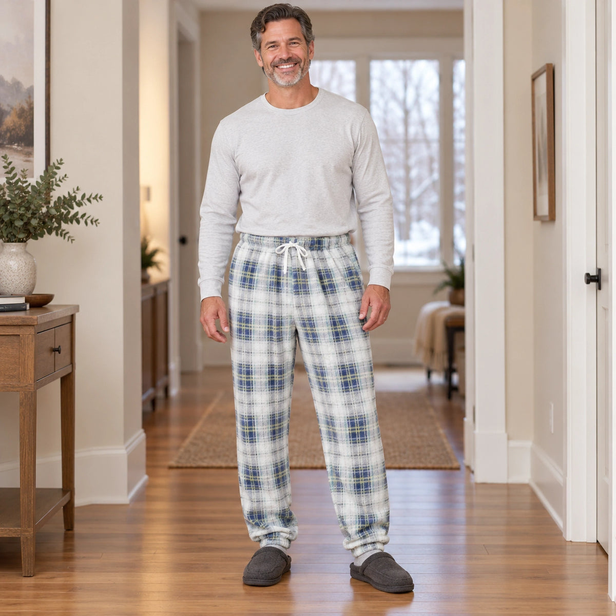 Women's and Men's Plaid Cuffed Pajama Pants — Violet, Light Gray complete front view, worn by an adult model, Usa — view 6