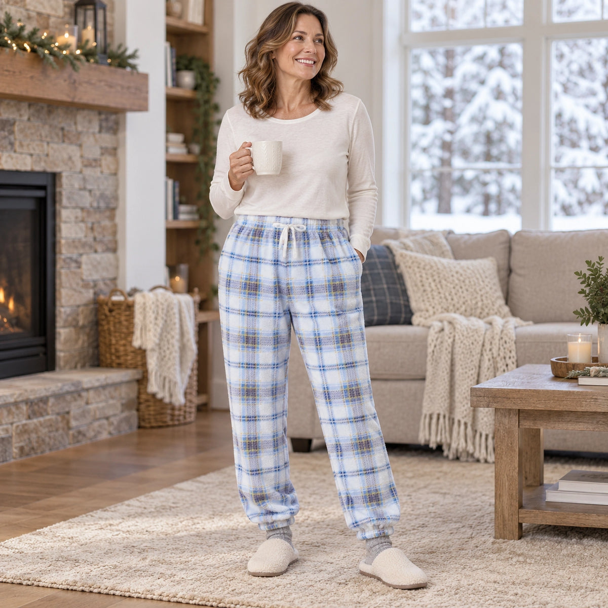 Women's and Men's Plaid Cuffed Pajama Pants — Violet, Light Blue view, worn by an adult model, Usa Canada — view 8