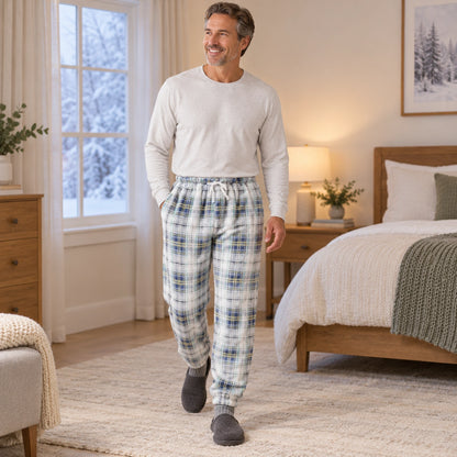 Women's and Men's Plaid Cuffed Pajama Pants — Violet, Light Gray view, worn by an adult model, Usa Canada — view 9