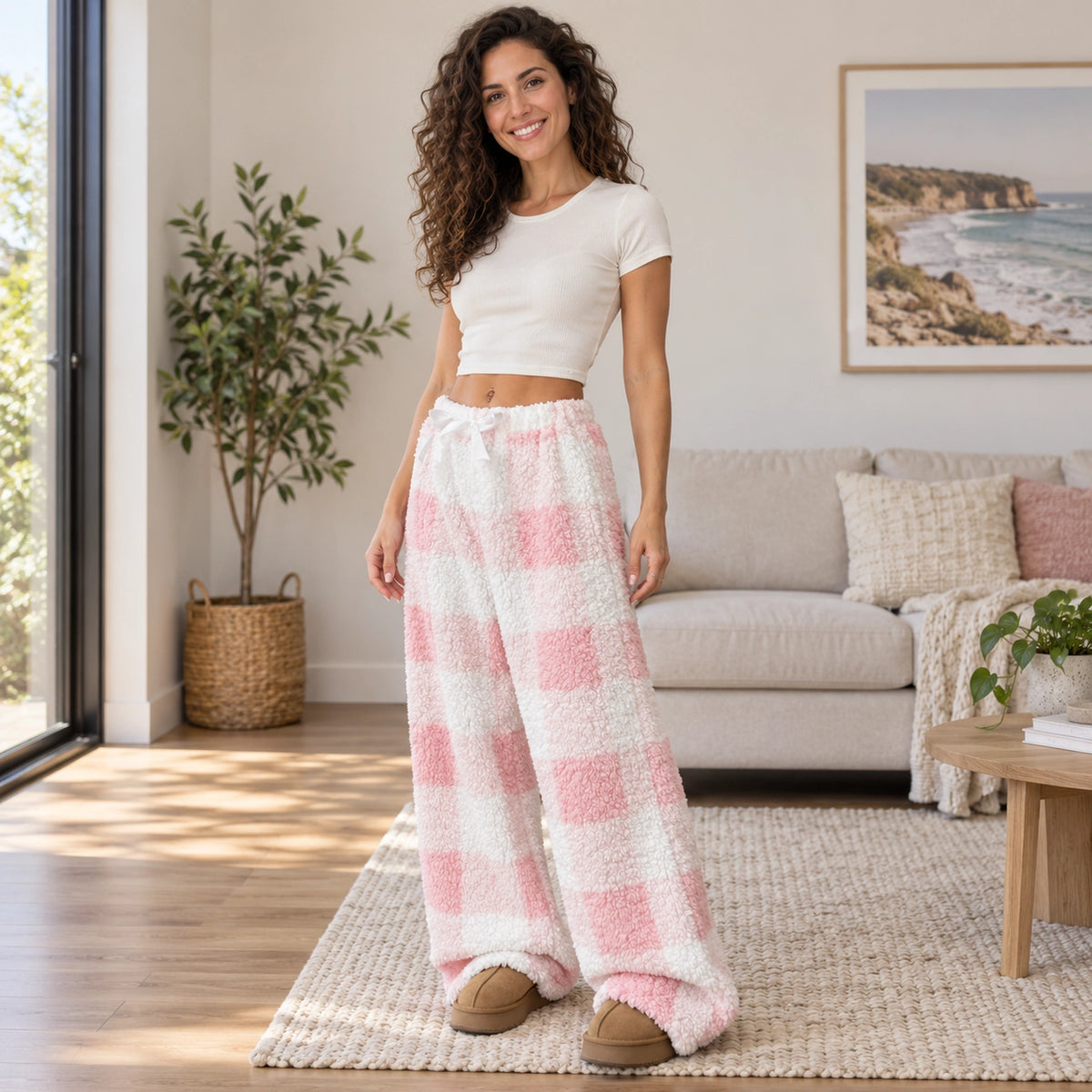 Pink And White Check plush fleece pajama pants, complete three quarter fit view at home — view 4