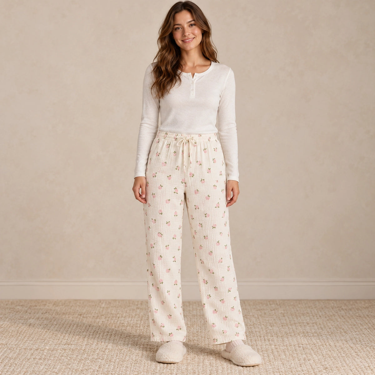 Women's Cotton Gauze Drawstring Pajama Pants — Liana, Cream Pink Strawberry Print, complete front view, worn by an adult