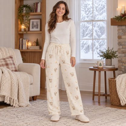 Women's Cotton Gauze Drawstring Pajama Pants — Liana, Cream Koala Print, complete front view, worn by an adult — view 10