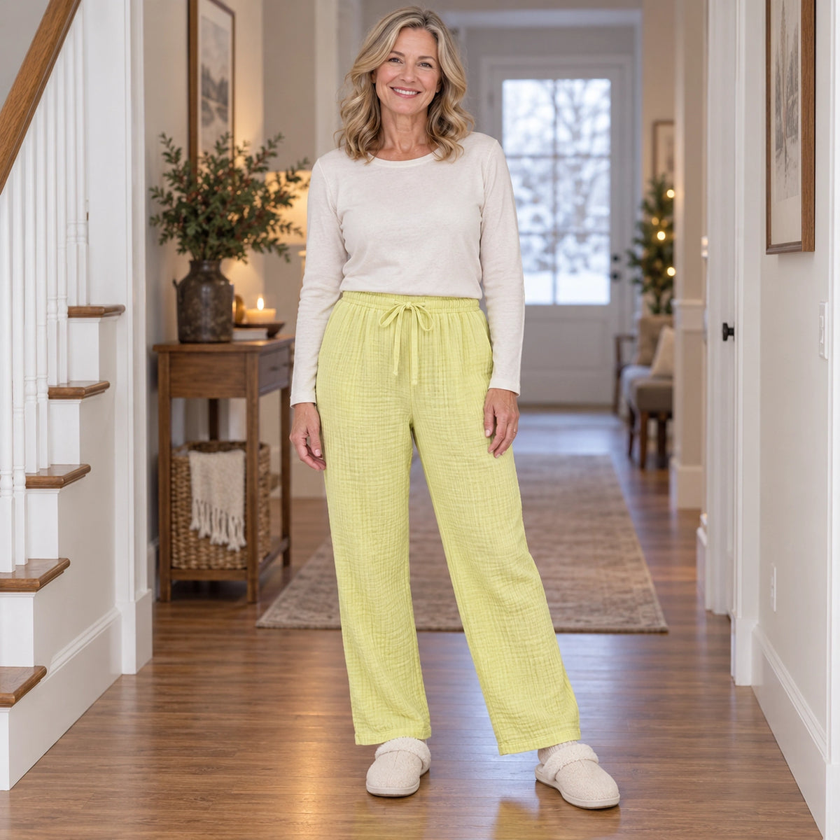 Women's Cotton Gauze Drawstring Pajama Pants — Liana, Lime Yellow, complete front view, worn by an adult model, Usa — view 11