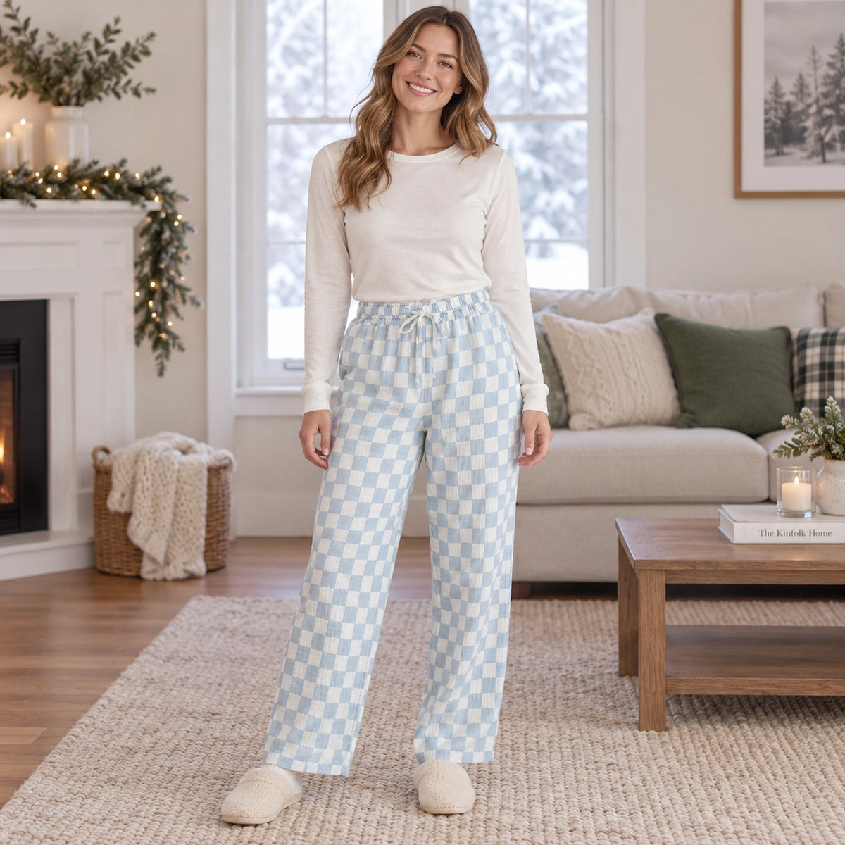 Women's Cotton Gauze Drawstring Pajama Pants — Liana, Light Blue Checkerboard, complete front view, worn by an — view 13