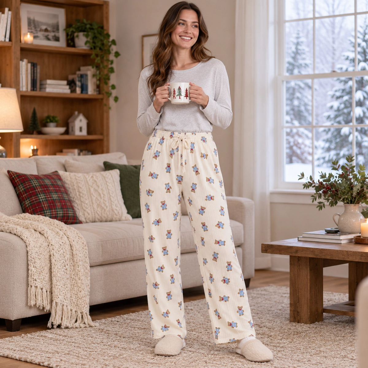 Women's Cotton Gauze Drawstring Pajama Pants — Liana, Cream Teddy Bear Print, view, worn by an adult model, Usa and — view 15