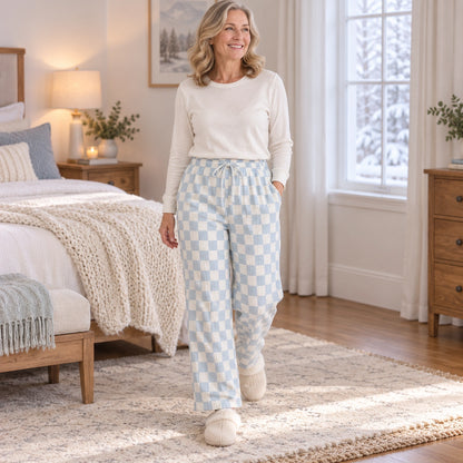 Women's Cotton Gauze Drawstring Pajama Pants — Liana, Light Blue Checkerboard, view, worn by an adult model, Usa — view 16