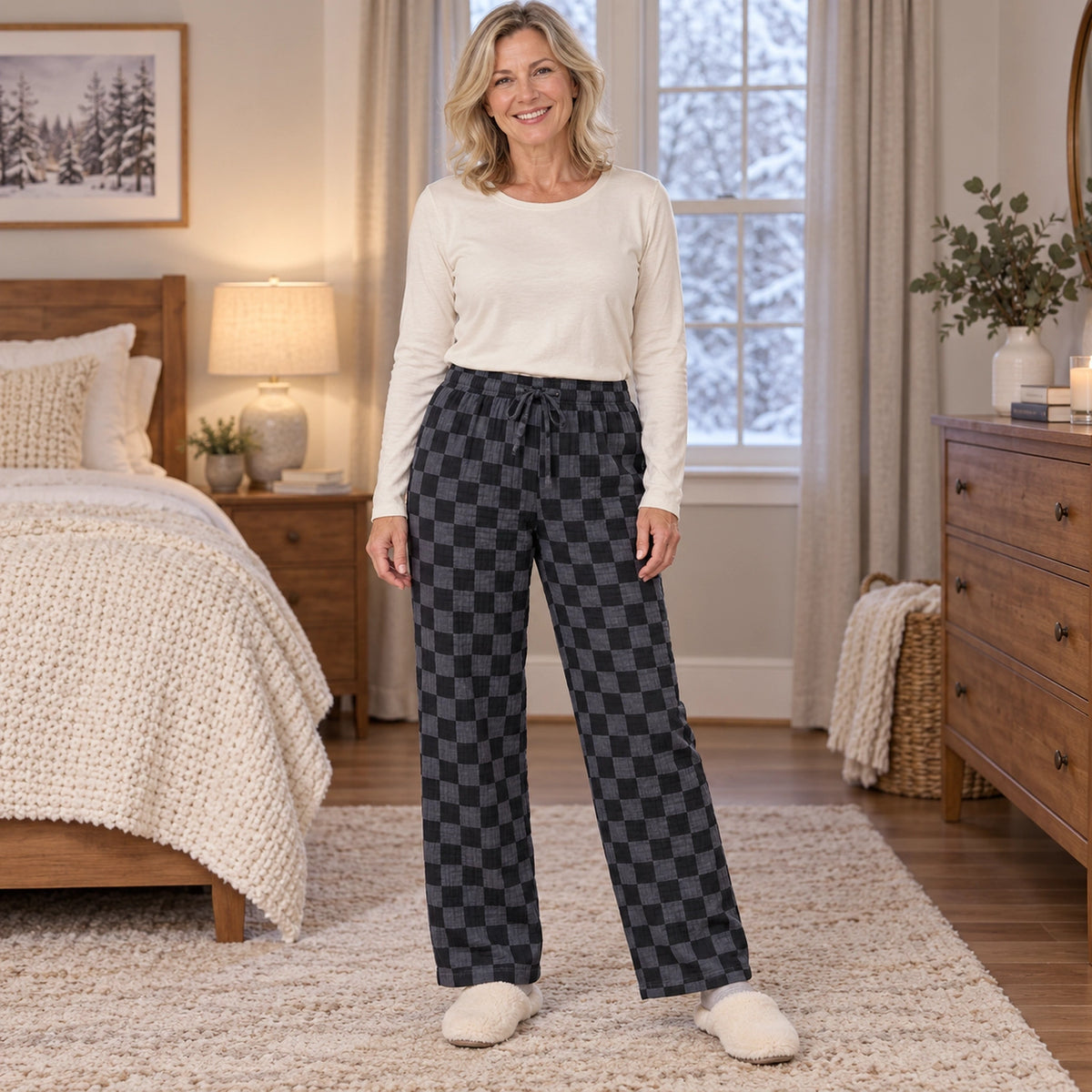Women's Cotton Gauze Drawstring Pajama Pants — Liana, Black And Charcoal Checkerboard, complete front view, worn by — view 4