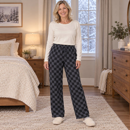 Women's Cotton Gauze Drawstring Pajama Pants — Liana, Black And Charcoal Checkerboard, complete front view, worn by — view 4