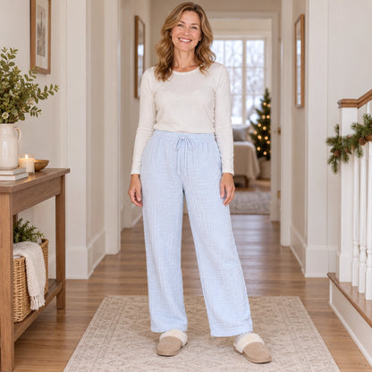 Women's Cotton Gauze Drawstring Pajama Pants — Liana, Light Blue, complete front view, worn by an adult model, Usa — view 6