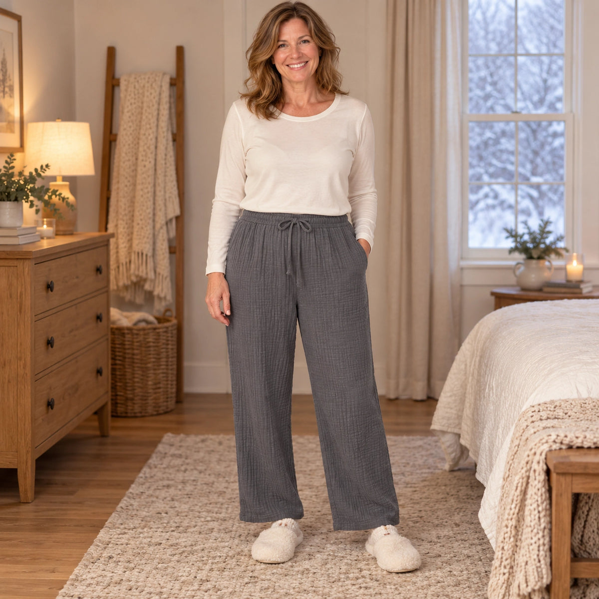 Women's Cotton Gauze Drawstring Pajama Pants — Liana, Charcoal, complete front view, worn by an adult model, Usa and — view 9