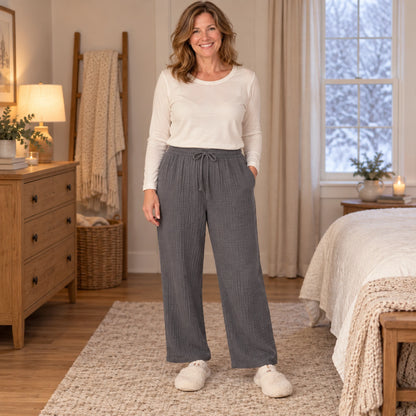 Women's Cotton Gauze Drawstring Pajama Pants — Liana, Charcoal, complete front view, worn by an adult model, Usa and — view 9