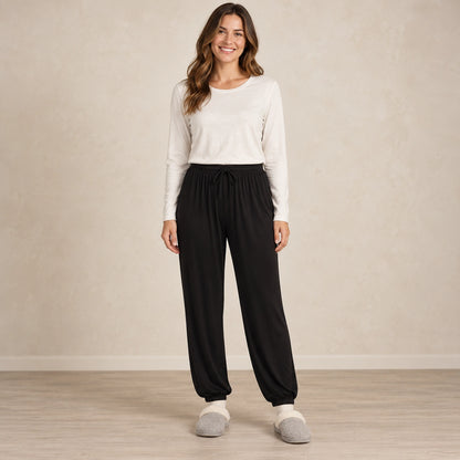 Women's Drawstring Cuffed Pajama Pants — Harper, Black, complete front view, worn by an adult model, professional image