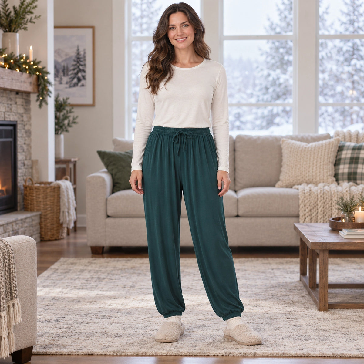 Women's Drawstring Cuffed Pajama Pants — Harper, Deep Teal Green, complete front view, worn by an adult model, Usa — view 3