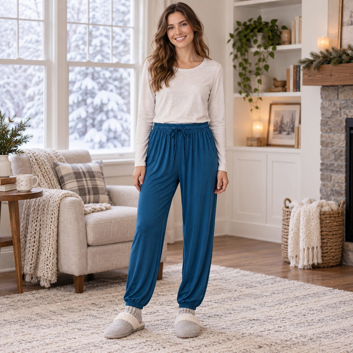 Women's Drawstring Cuffed Pajama Pants — Harper, Deep Teal Blue, complete front view, worn by an adult model, Usa — view 5