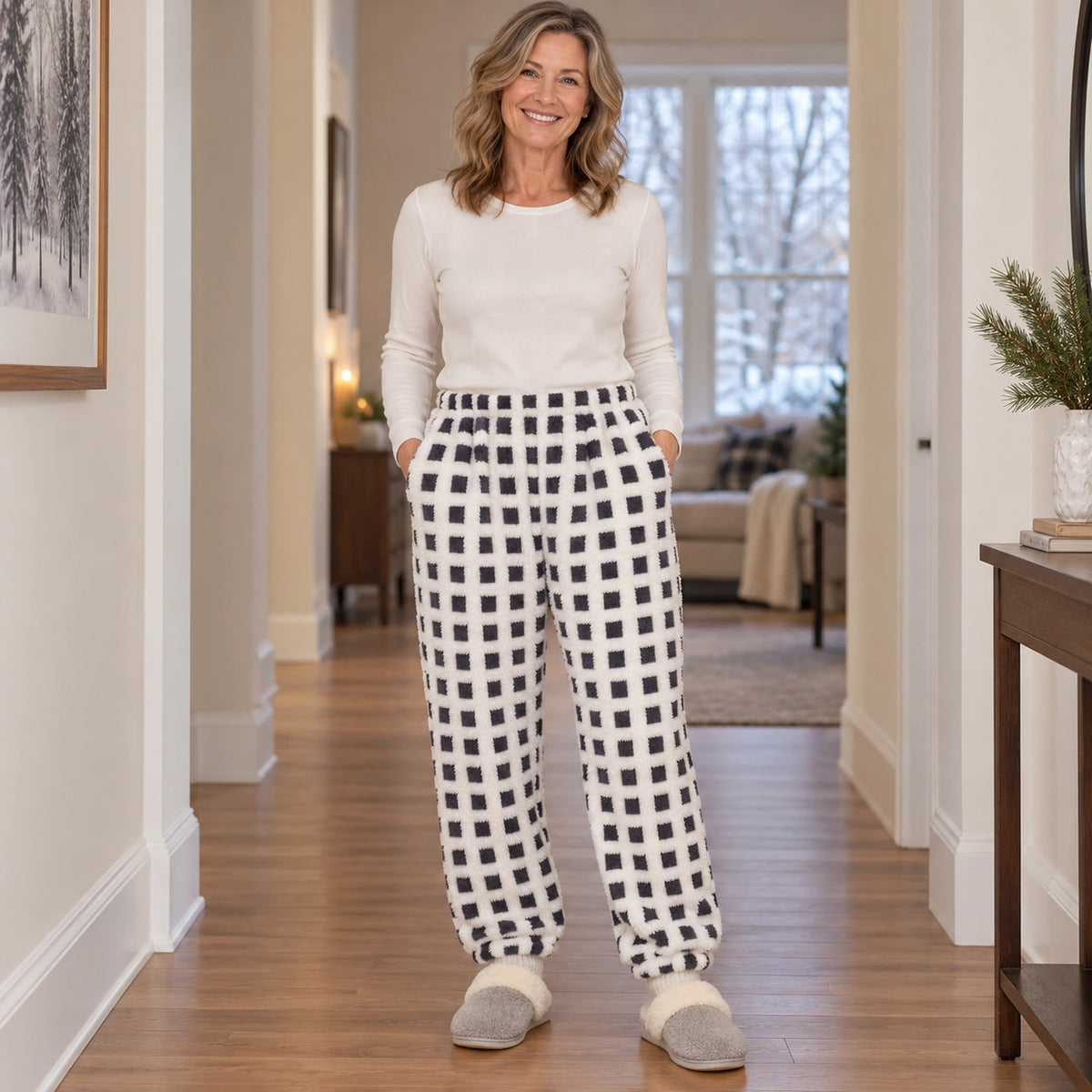 Women's Fleece Cuffed Pajama Pants — Nora, White Charcoal Grid, complete front view, worn by an adult model, Usa — view 11
