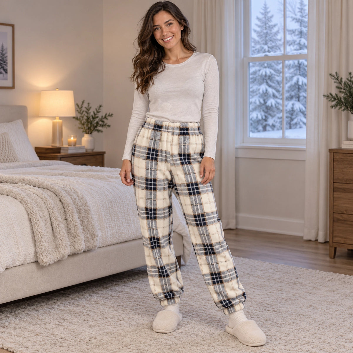 Women's Fleece Cuffed Pajama Pants — Nora, Cream Navy Tartan, three quarter view, worn by an adult model, Usa and — view 12