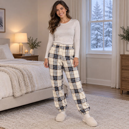Women's Fleece Cuffed Pajama Pants — Nora, Cream Navy Tartan, three quarter view, worn by an adult model, Usa and — view 12