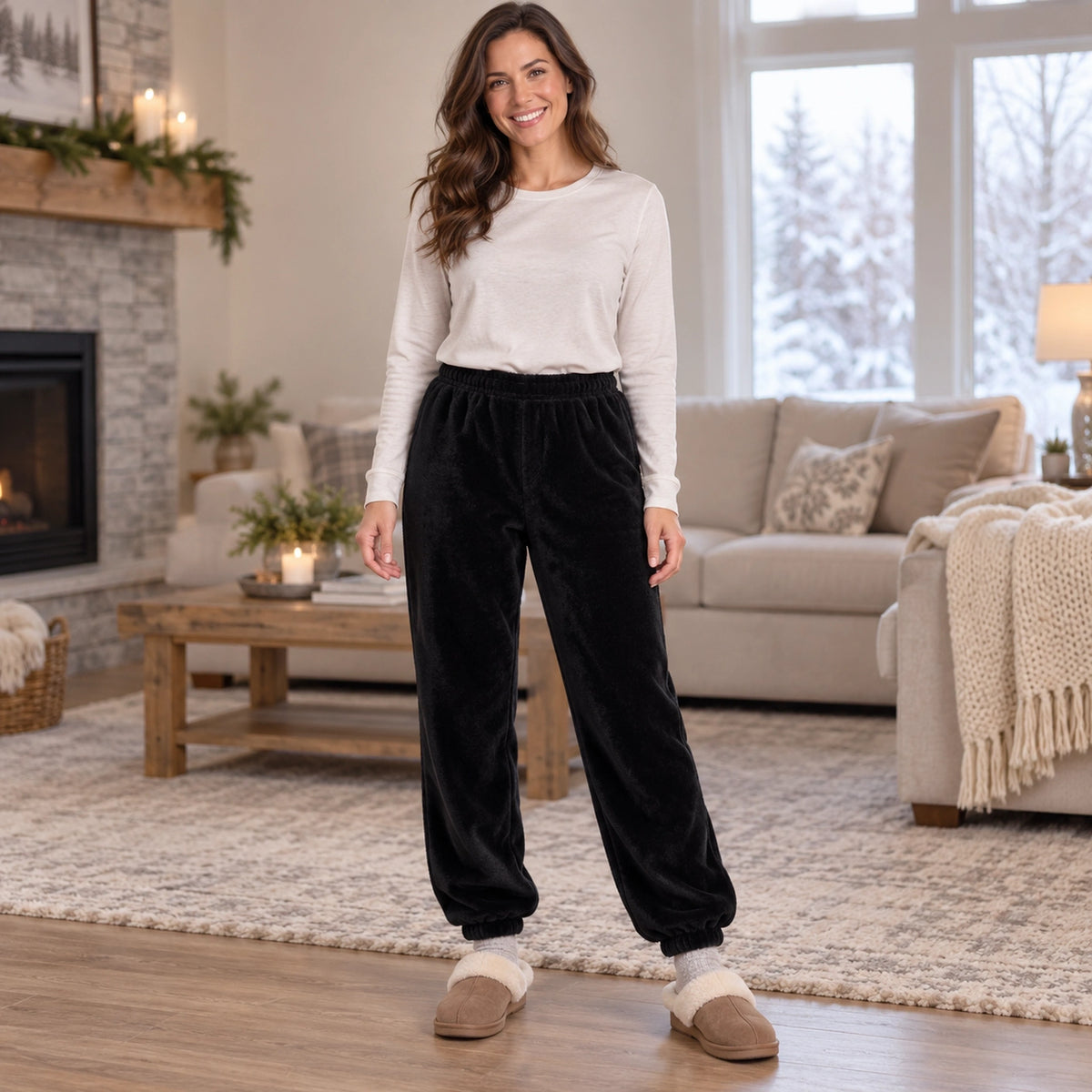 Women's Fleece Cuffed Pajama Pants — Nora, Black, complete front view, worn by an adult model, Usa and Canada — view 3