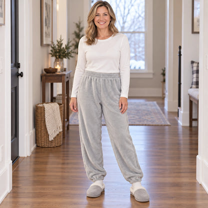 Women's Fleece Cuffed Pajama Pants — Nora, Light Gray, complete front view, worn by an adult model, Usa and Canada — view 6