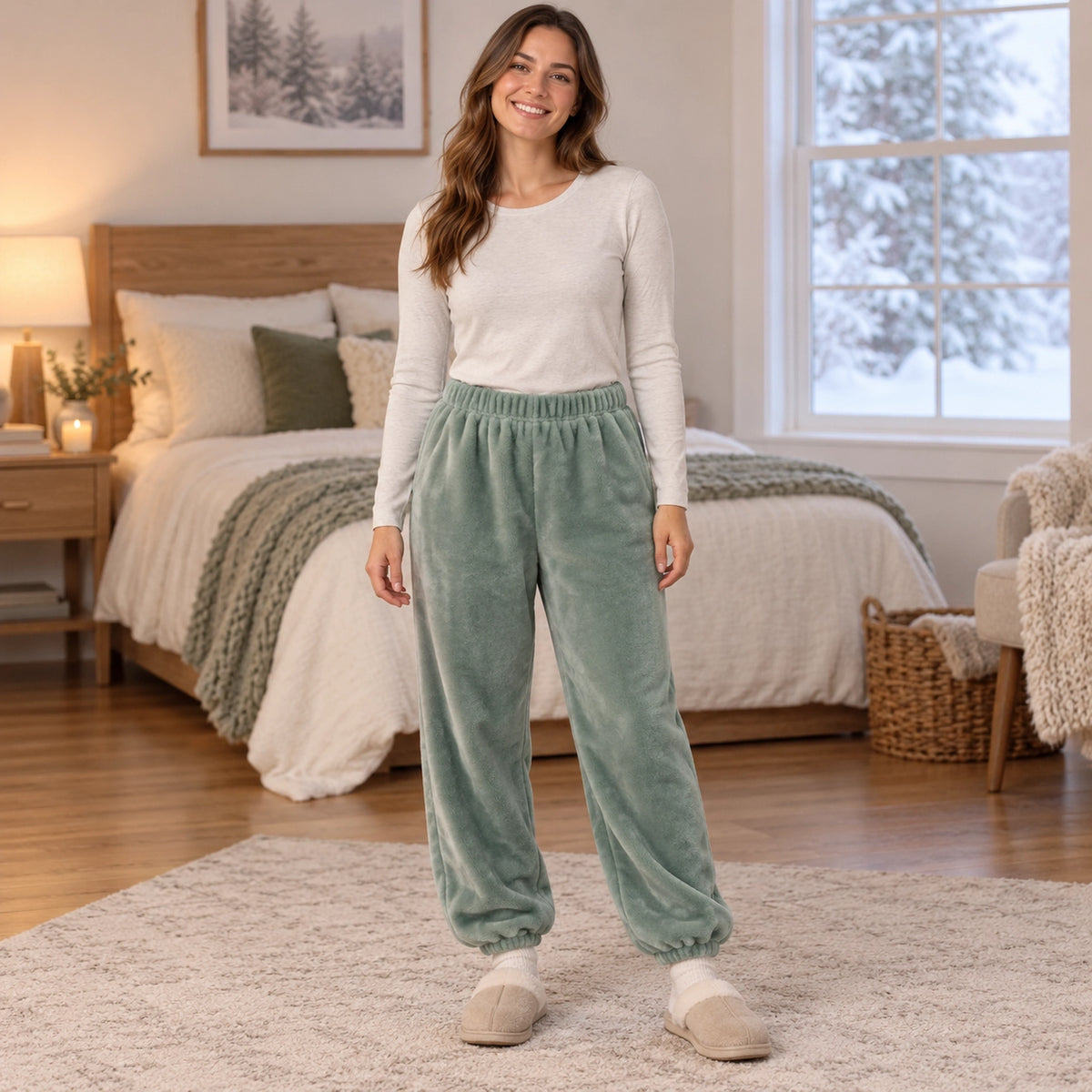 Women's Fleece Cuffed Pajama Pants — Nora, Sage Green, complete front view, worn by an adult model, Usa and Canada — view 7