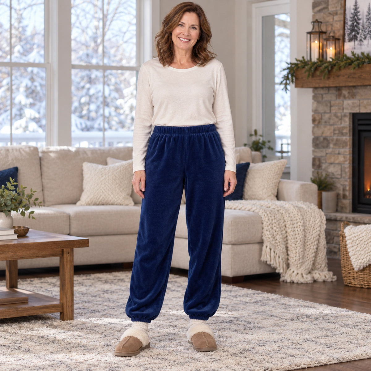 Women's Fleece Cuffed Pajama Pants — Nora, Navy Blue, complete front view, worn by an adult model, Usa and Canada — view 8