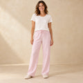 Pink Stripe cotton gauze pajama pants, complete front view in a warm neutral