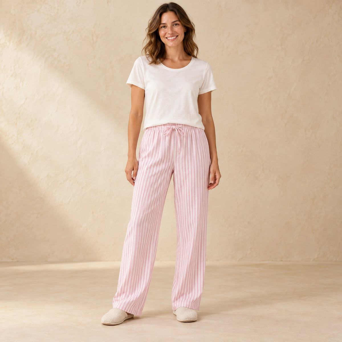 Pink Stripe cotton gauze pajama pants, complete front view in a warm neutral