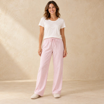Pink Stripe cotton gauze pajama pants, complete front view in a warm neutral