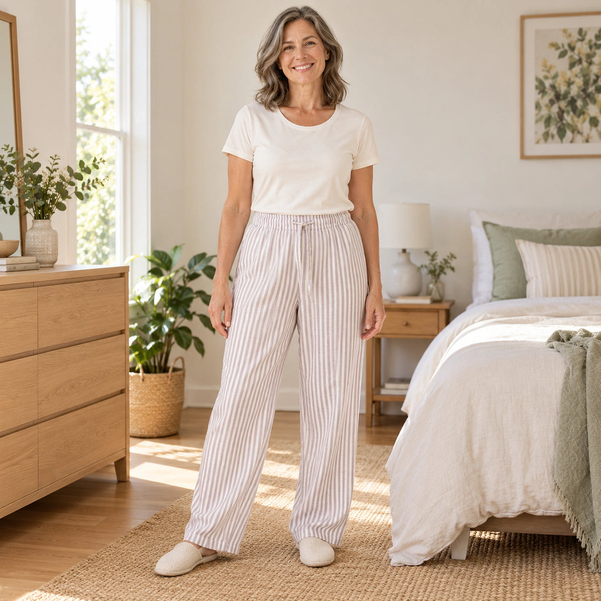 Lilac Stripe cotton gauze pajama pants, complete front view on mature model at home — view 2