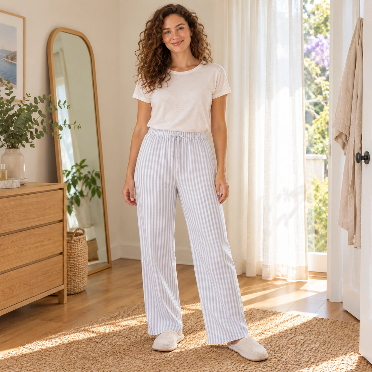 Light Blue Stripe cotton gauze pajama pants, complete front view at home — view 3