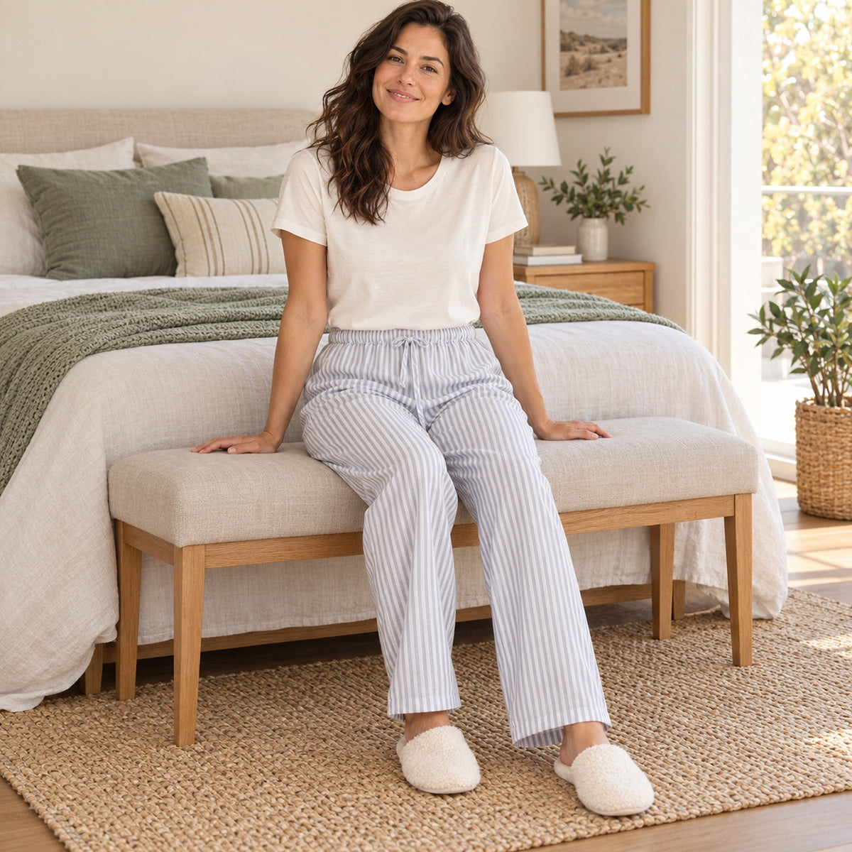 Light Blue Stripe cotton gauze pajama pants, full seated fit view at home — view 6