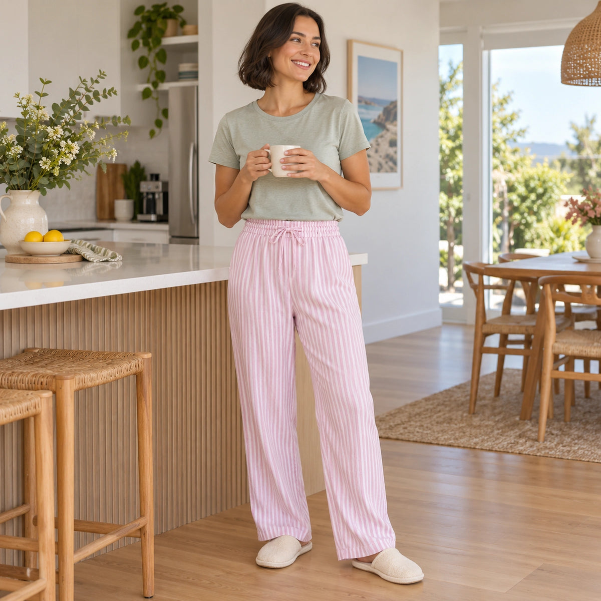 Pink Stripe cotton gauze pajama pants, complete garment on a model enjoying home kitchen morning — view 7