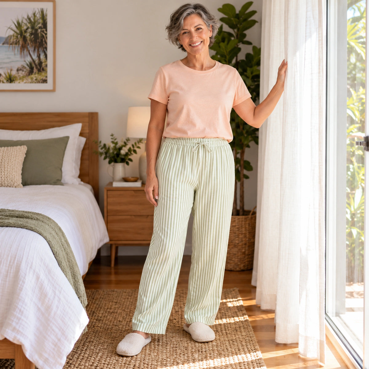 Sage Green Stripe cotton gauze pajama pants, complete garment on a mature model by bedroom curtain — view 8