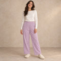 Women's Gingham Wide Leg Pajama Pants — Emma, Lilac complete front view, worn by an adult model, professional image