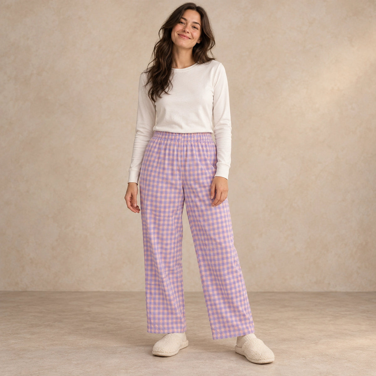 Women's Gingham Wide Leg Pajama Pants — Emma, Lilac complete front view, worn by an adult model, professional image