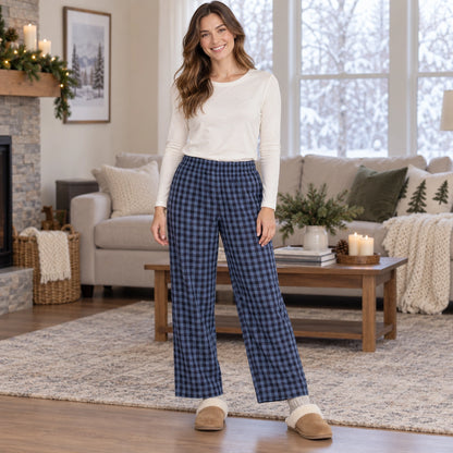 Women's Gingham Wide Leg Pajama Pants — Emma, Navy complete front view, worn by an adult model, Usa and Canada — view 3