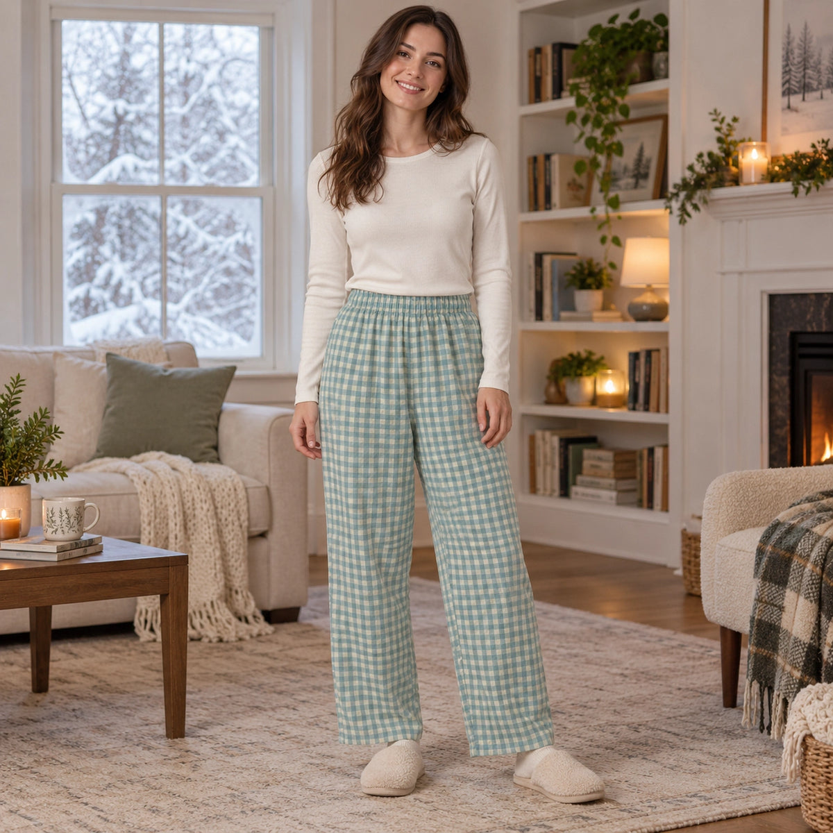 Women's Gingham Wide Leg Pajama Pants — Emma, Sage Blue complete front view, worn by an adult model, Usa and Canada — view 5