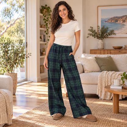Dark Green Plaid wide leg pajama pants, complete three quarter view at home — view 4