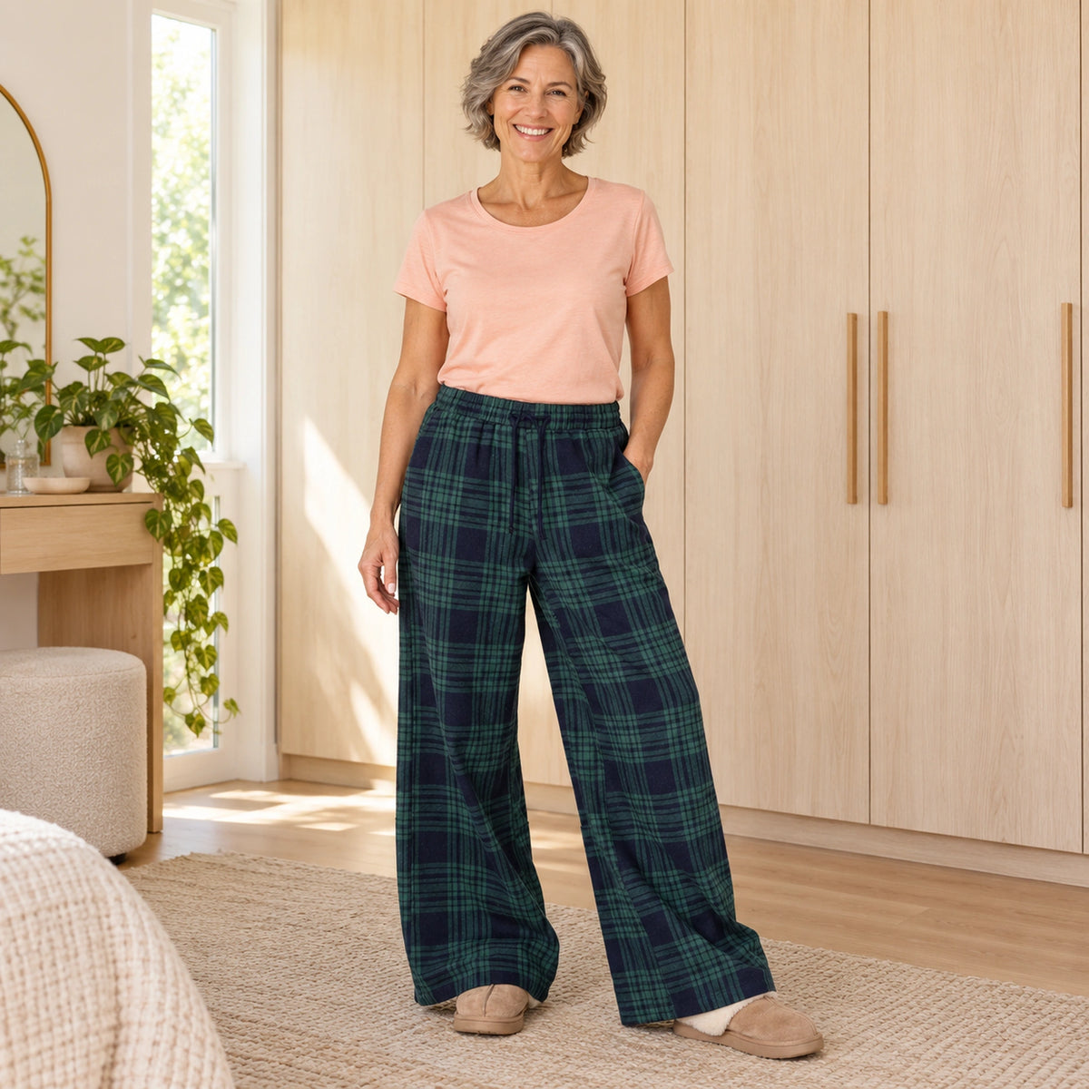 Dark Green Plaid wide leg pajama pants, complete front fit view on mature model at home — view 6