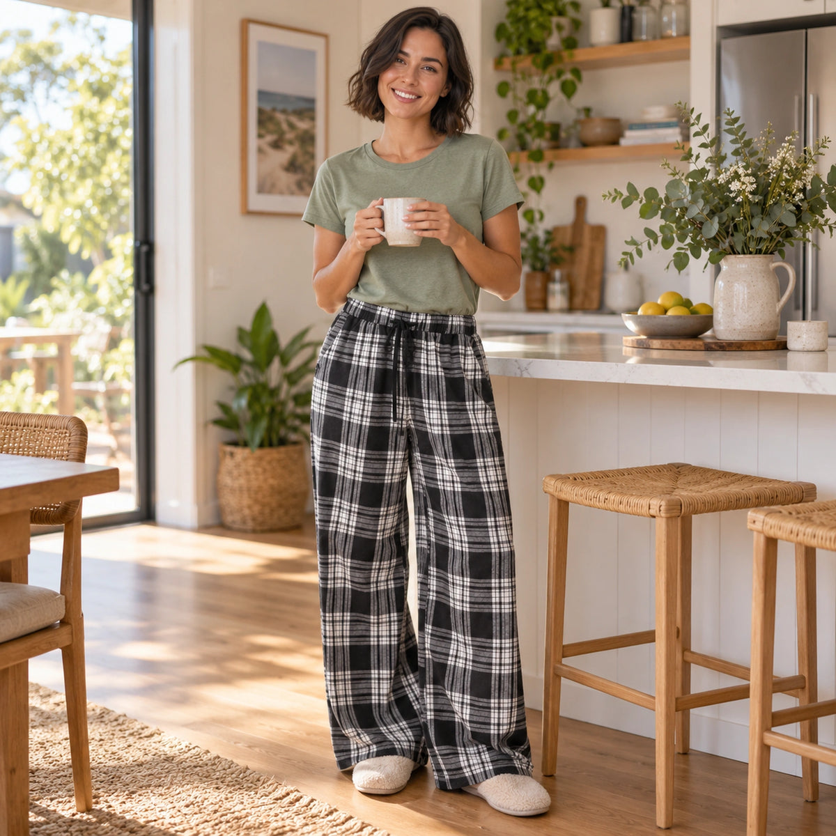 Black And White Plaid wide leg pajama pants, complete garment enjoying a home kitchen morning — view 7