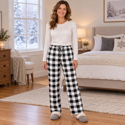 Women's Plaid Wide Leg Pajama Pants — Ella, Black White complete front view, worn by an adult model, Usa and Canada — view 2