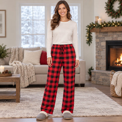 Women's Plaid Wide Leg Pajama Pants — Ella, Red Black complete front view, worn by an adult model, Usa and Canada — view 3