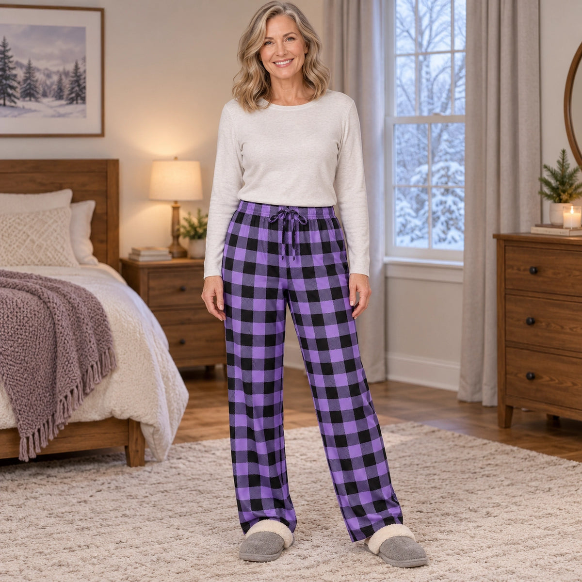 Women's Plaid Wide Leg Pajama Pants — Ella, Purple Black complete front view, worn by an adult model, Usa and Canada — view 4