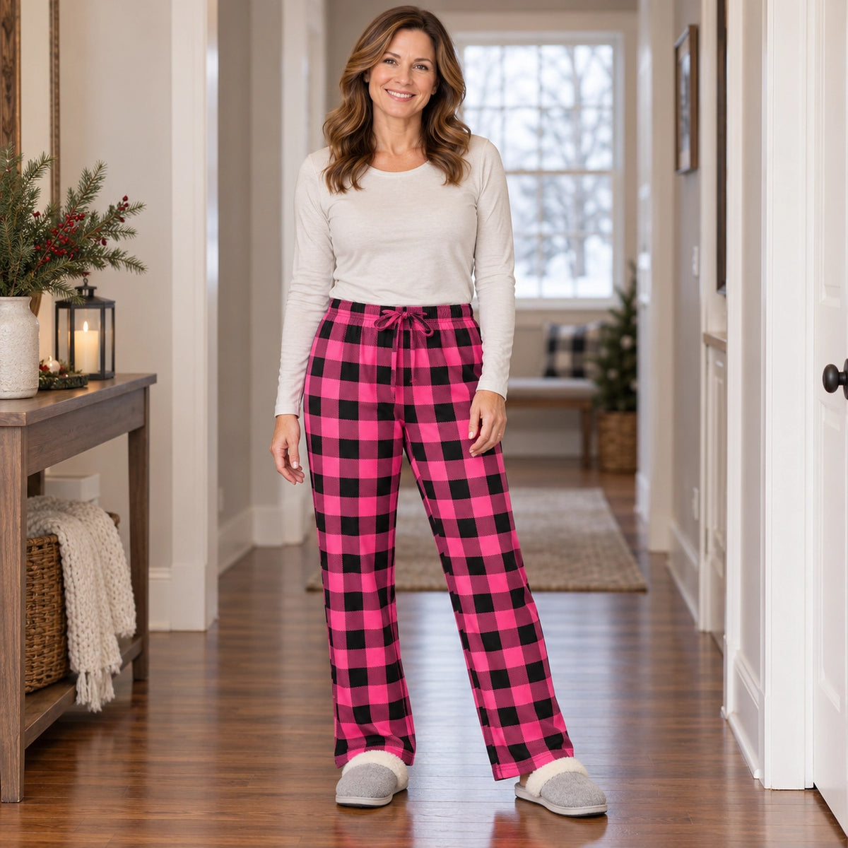 Women's Plaid Wide Leg Pajama Pants — Ella, Hot Pink Black complete front view, worn by an adult model, Usa and — view 6