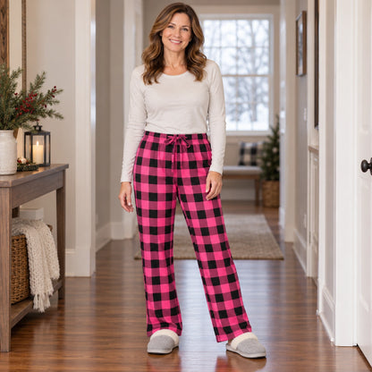 Women's Plaid Wide Leg Pajama Pants — Ella, Hot Pink Black complete front view, worn by an adult model, Usa and — view 6