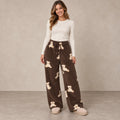Women's Plush Drawstring Pajama Pants — Audrey, Brown Bear Print, complete front view, worn by an adult model, professional