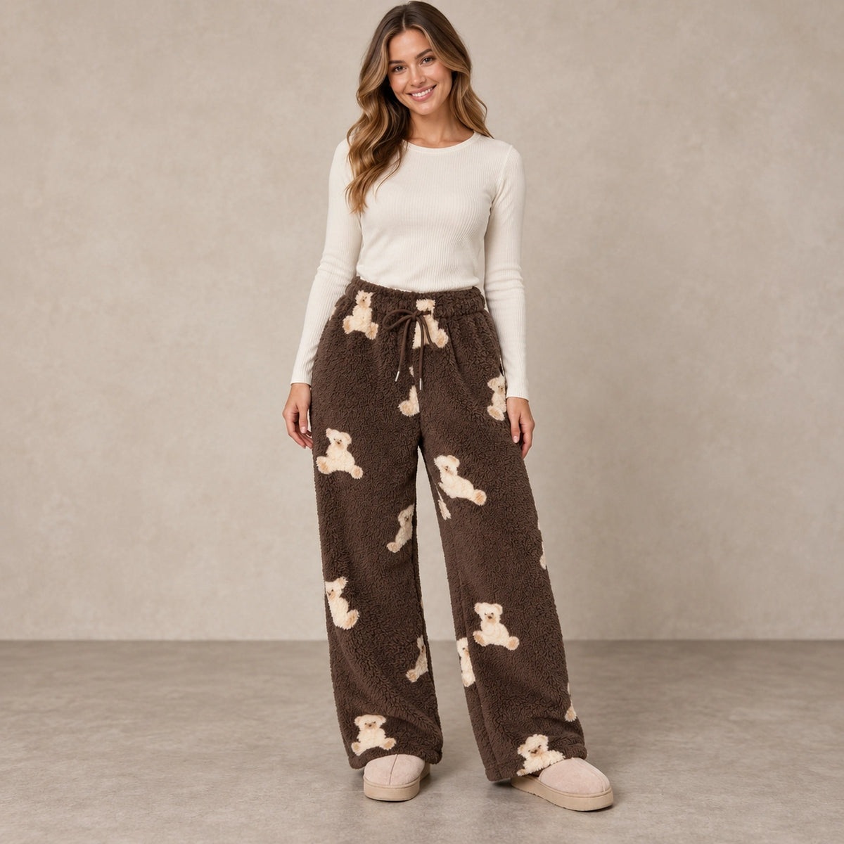 Women's Plush Drawstring Pajama Pants — Audrey, Brown Bear Print, complete front view, worn by an adult model, professional