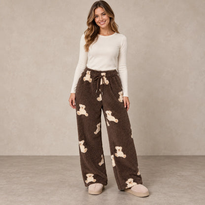 Women's Plush Drawstring Pajama Pants — Audrey, Brown Bear Print, complete front view, worn by an adult model, professional