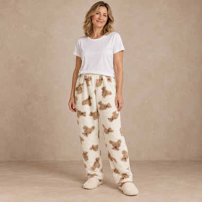 Cream Bear Print plush pajama pants, complete front view in a warm neutral